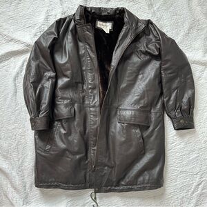 Vintage chocolate brown genuine leather overcoat faux fur lining grunge gorpcore